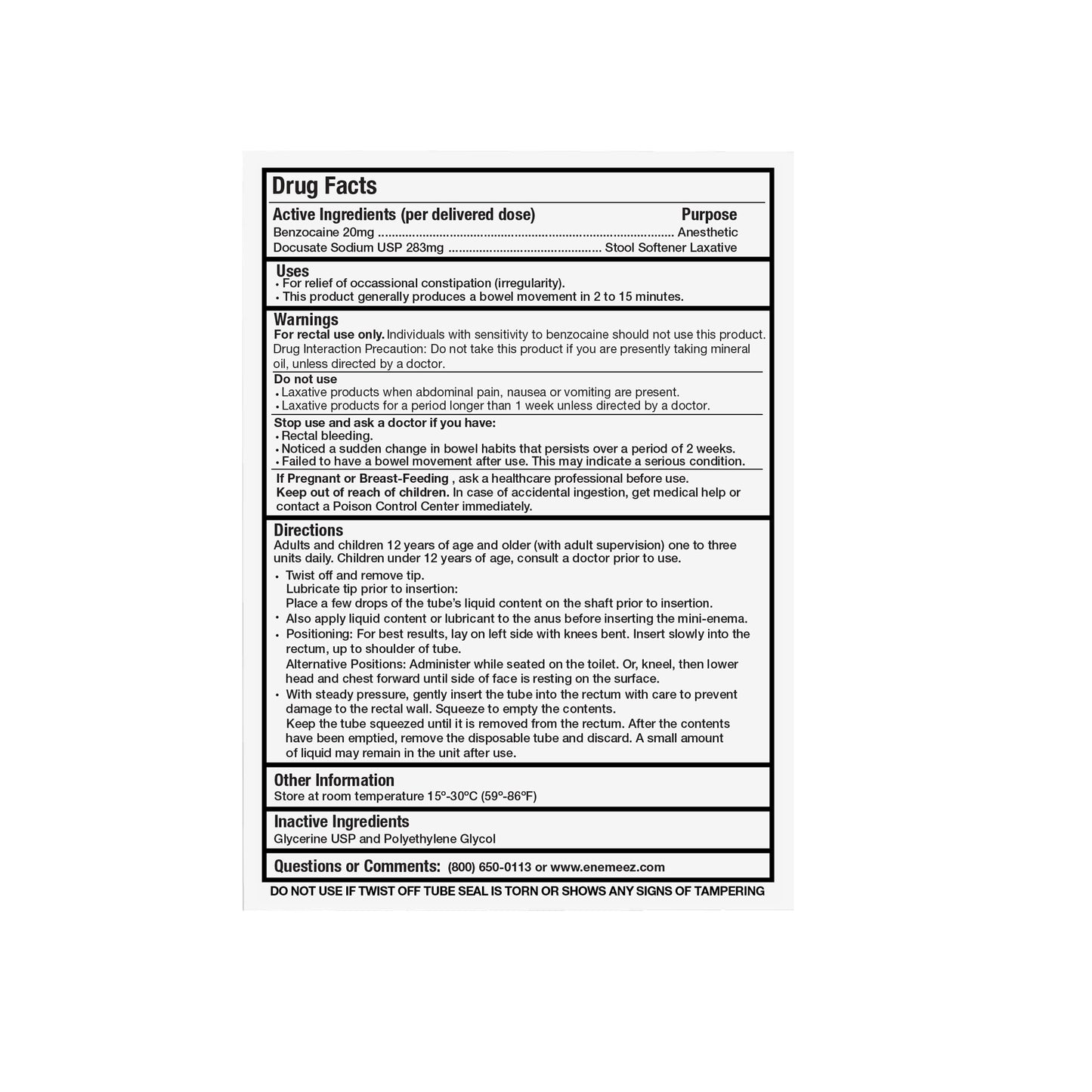 ENEMEEZ® Plus Mini Enema, 283mg Docusate Sodium and 20 mg Benzocaine Mini Enema, 30 Count