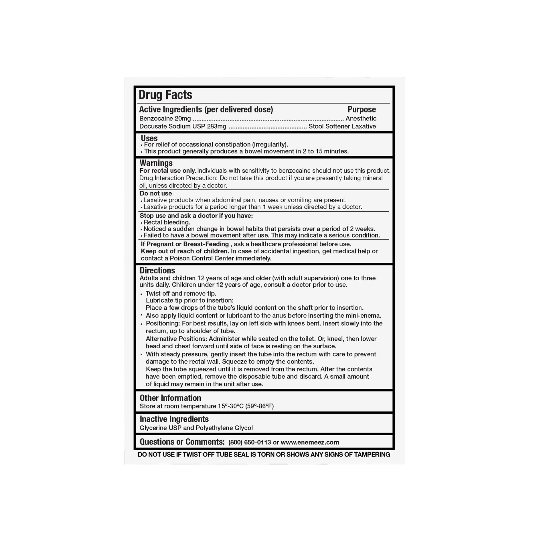 The back of the Packaging of ENEMEEZ Plus Mini Enema, featuring the product drug facts.