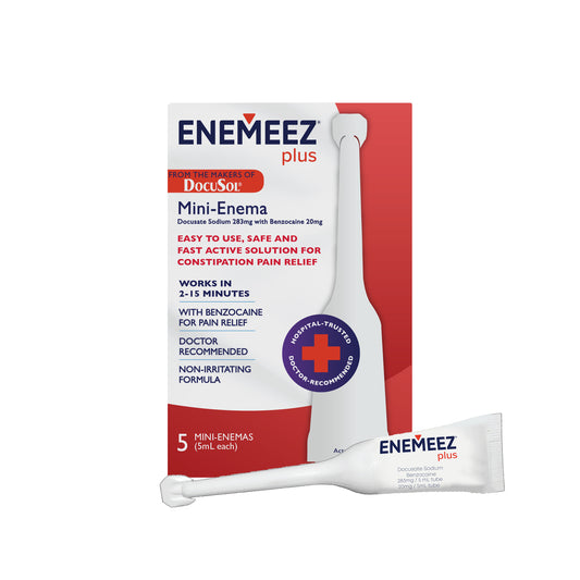 Package of Enemeez Plus with the tube and box. Red and blue text on white and red packaging.