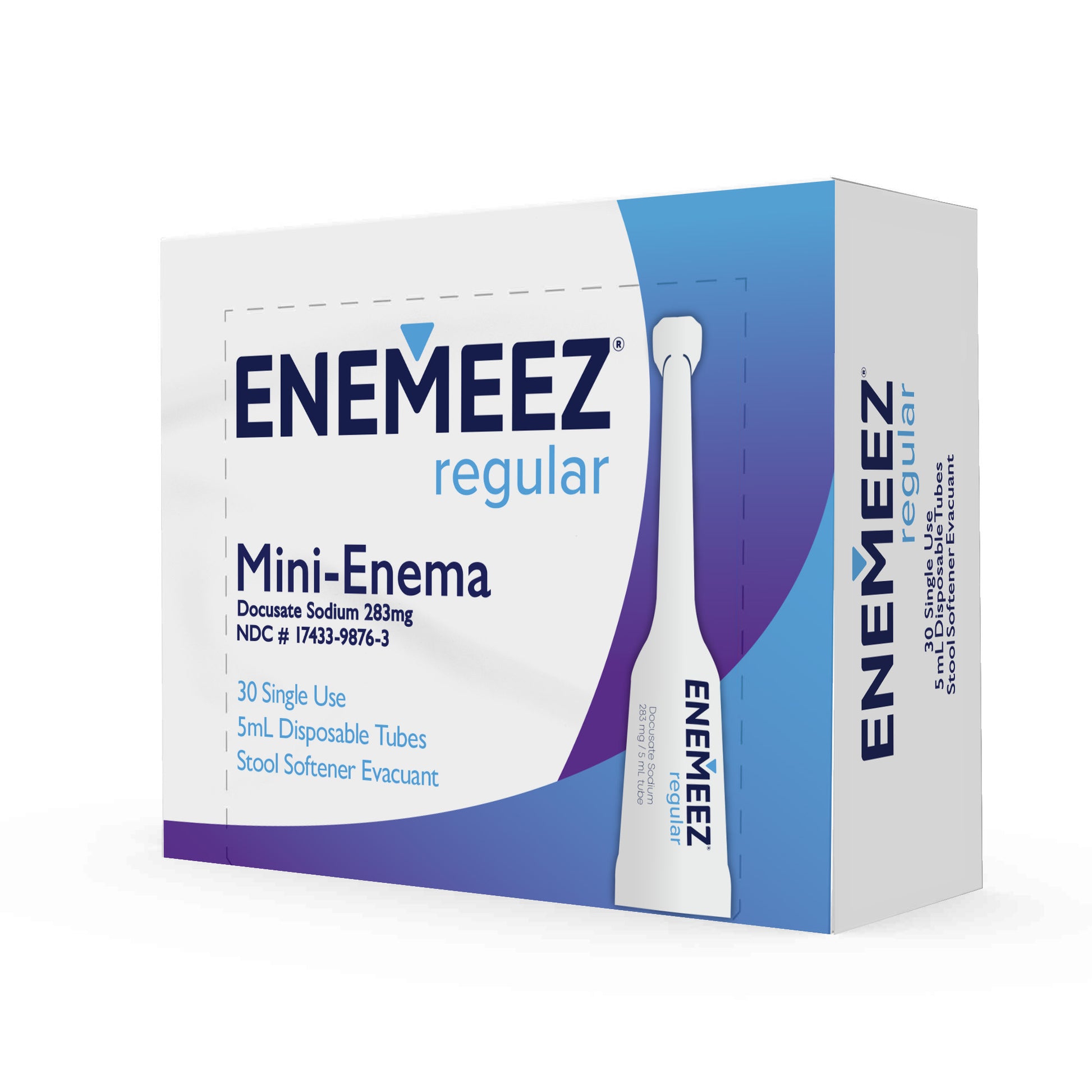 Packaging of ENEMEEZ Regular Mini Enema on an angle, showing the box and a single disposable tube with the product.