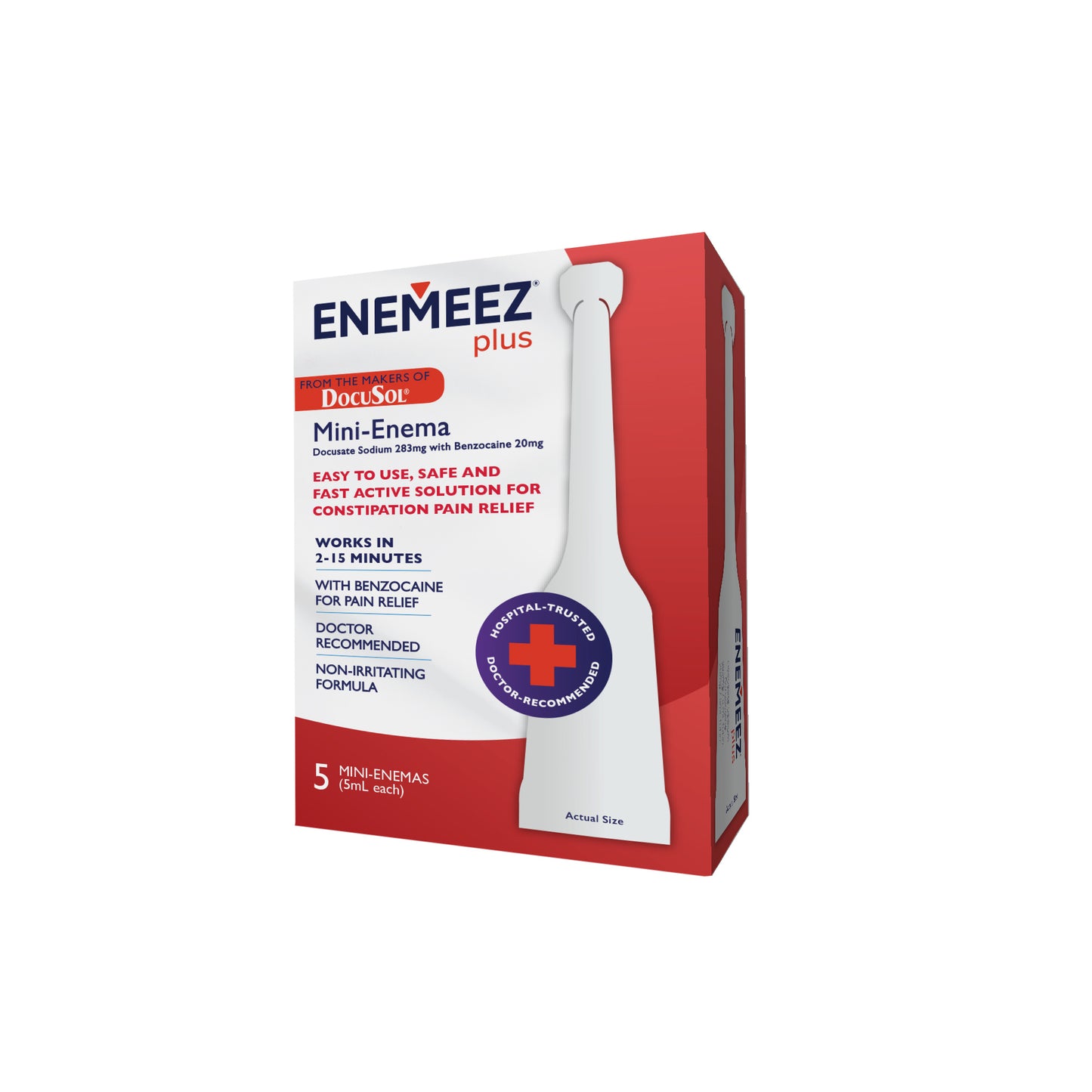 ENEMEEZ® Plus 5 Count Carton, 283mg Docusate Sodium and 20mg Benzocaine Mini Enema, 5 Count